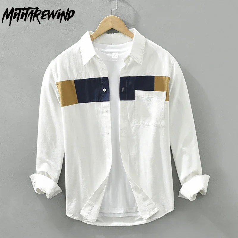 

Повседневные мужские рубашки с длинным рукавом из 100% хлопка, весенняя корейская мода, белая рубашка, мужская уличная рубашка в стиле пэчворк, дизайнерская рубашка, молодежные топы