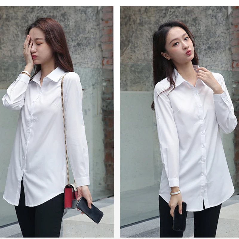 Mid Length Women Shirt Korean Fashion Womens Tops BF Sexy Shirt Long Sleeve Blouse Women Autumn Female Clothes White Shirt Women