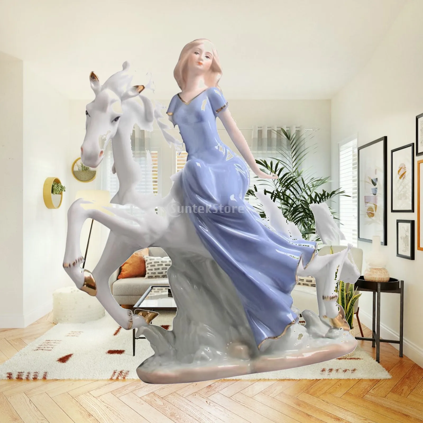 Porcelain Figurine Horse Riding Girl Statue Collectible Decorative Artwork Ornament for Living Room Desktop Indoor Fireplace