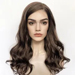 Side Part Cool Brown 20Inch Long Water Wave 13x4 Transparent Lace Front Synthetic Hair Wigs for Women Glueless Dark Brown Wigs