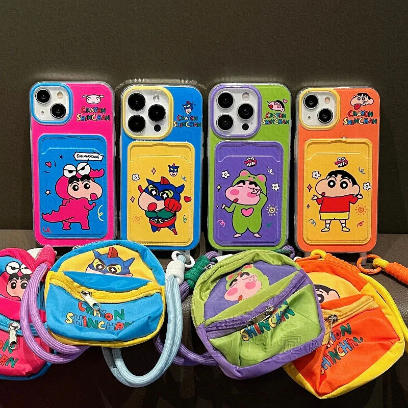 

Cute cartoon Crayon Shin-chan Wallet card bag Lanyard Case For iPhone 11 12 13 14 15 16 Pro Max Shin-chan Wallet Earphone bag﻿