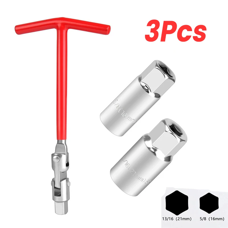 3Pcs T-Handle Wrench Universal Spark Plug Socket Wrench 16/21mm Flexible Removal Installer Tool Set for Motorcycles Car