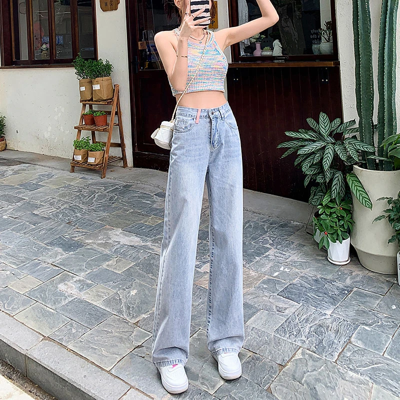 

High-waisted jeans female net red embroidery design pockets casual versatile small loose wide-legged dragging pants