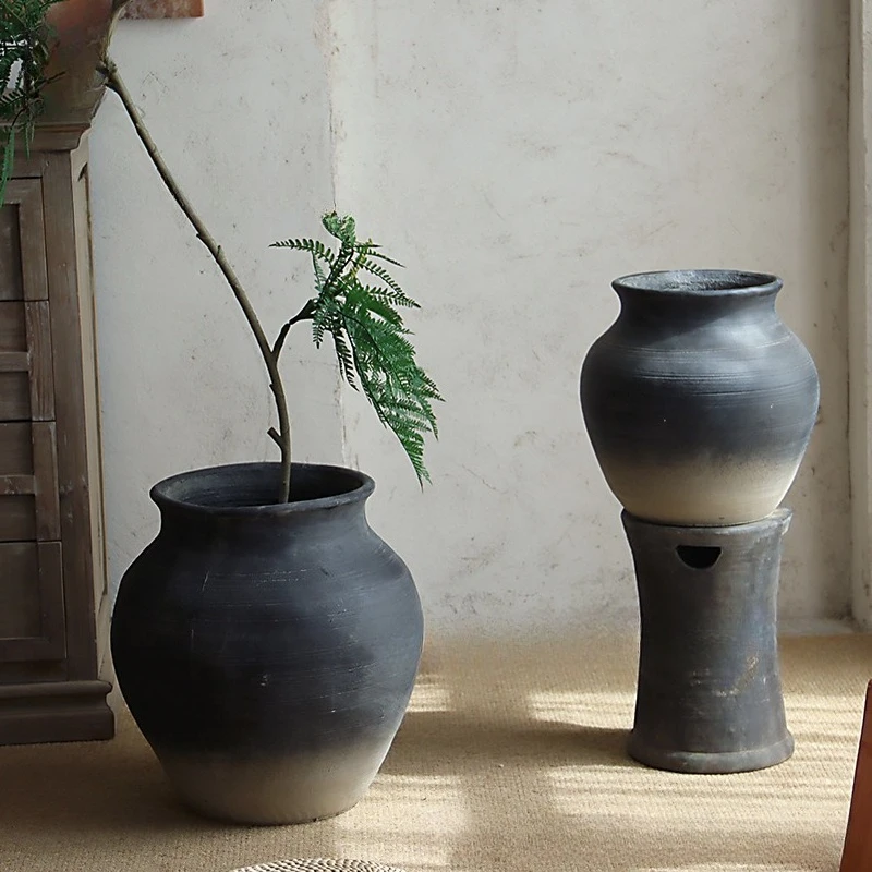 

Black ash soil color cement flower pot big belly round indoor green plant old pot hotel space design decoration ornament
