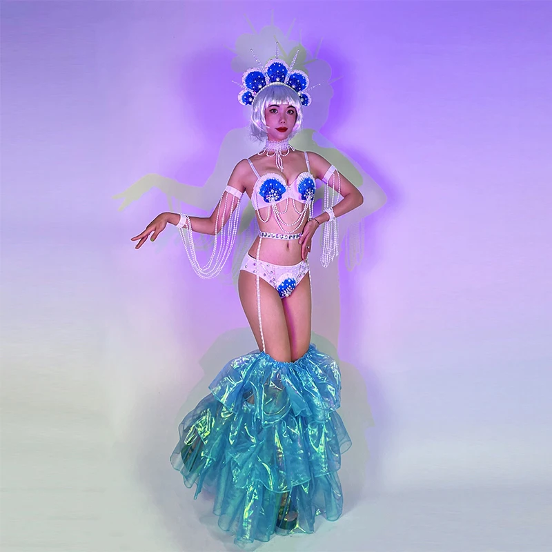 Mermaid Cosplay Costume Pearl Shell Bikini Headgear Leg Cover Rave Outfit Leading Dancer Sexy Performance Party Show Stage Wear