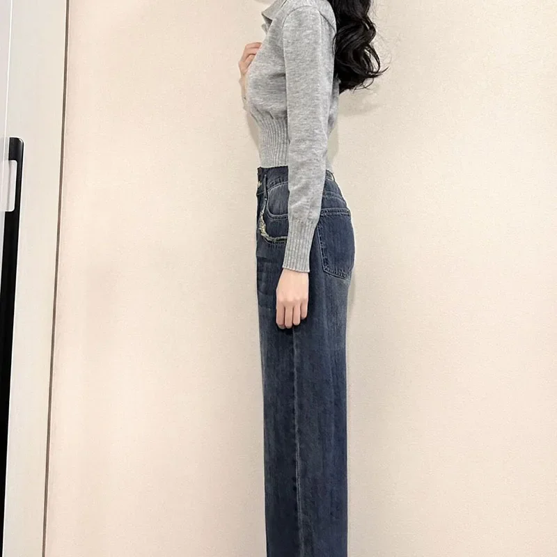 SMVP coréen Chic col rabattu pulls femme gris coupe ajustée à manches longues recadrée pull pour femme Streetwear tricot pulls