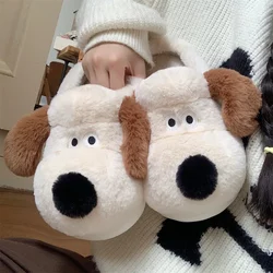 Women Home Soft Sole Cotton Slippers Cartoon Cute Dog Fluffy Slippers Female Winter Slides Ladies Plush Indoor Flats Flip Flops