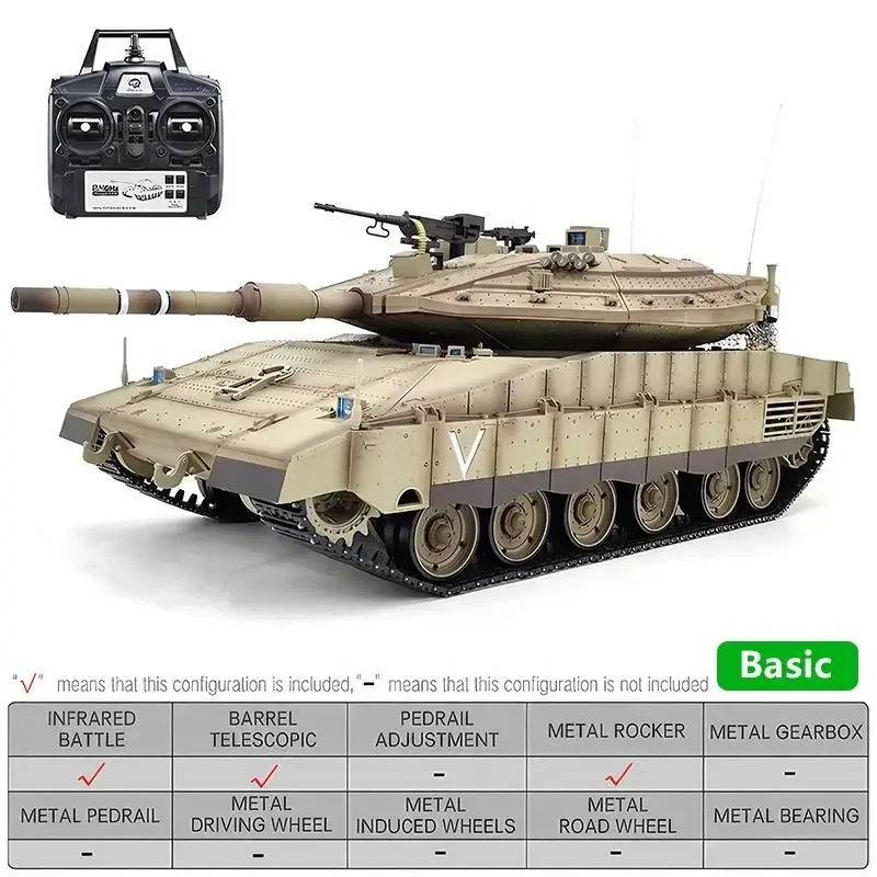 Henglong 3958-1 mainan Tank militer ISR Merkava MK-IV Crawler 1/16 logam 2.4G asap IR suara pertempuran Radio kontrol RTR