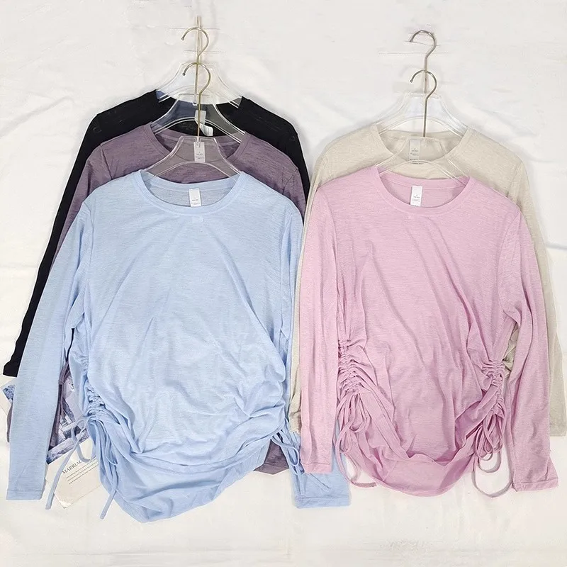 

Yoga Blouse Slightly Long-sleeved Round Neck Hip-covering Side Drawstring T-shirt Loose Breathable Fitness Running Yoga Clothing