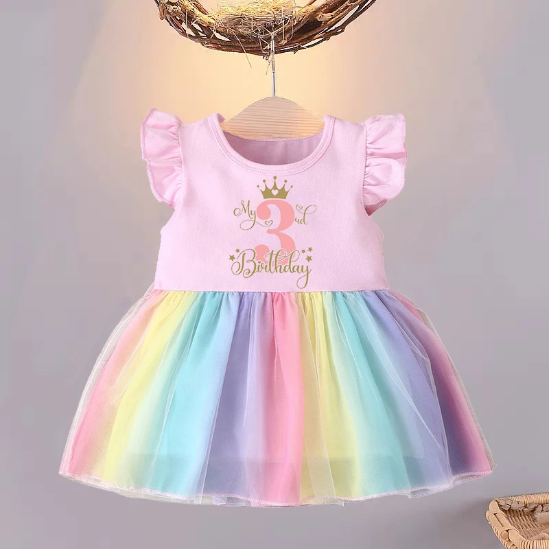 Baby Girl 1-4 Birthday Outfit Flying Sleeve Newborn Infant Summer Girl Dress Birthday Party Princess Dress Children Clothing