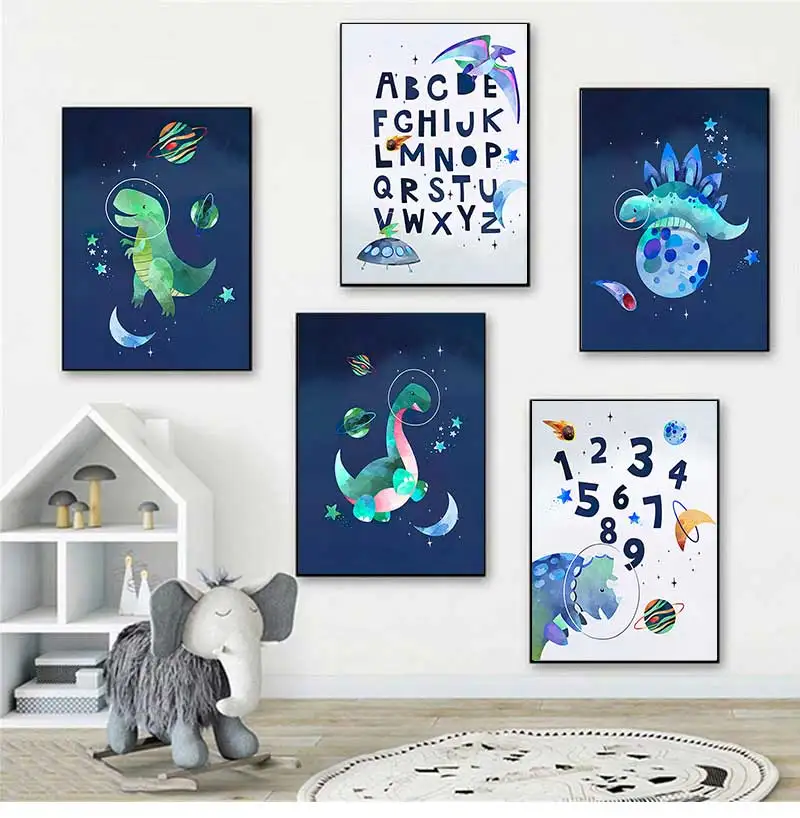 Nursery Wall Art Canvas Painting Nordic Posters And Prints Wall Pictures Baby Room study Decor Dinosaur Space Planet Alphabet