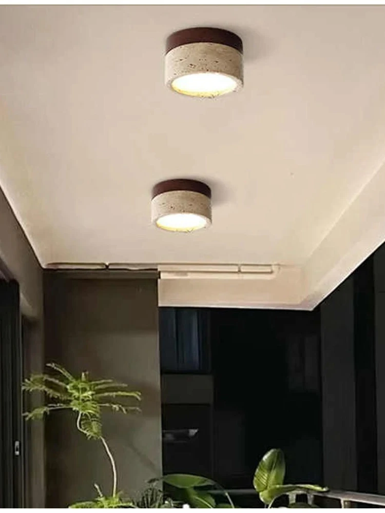 Japońska lampa sufitowa LED z żółtego travertynu w stylu Wabi Sabi, lampa sufitowa z kamienia jaskiniowego do dekoracji domu, korytarza, przejścia, garderoby, sypialni. — 2