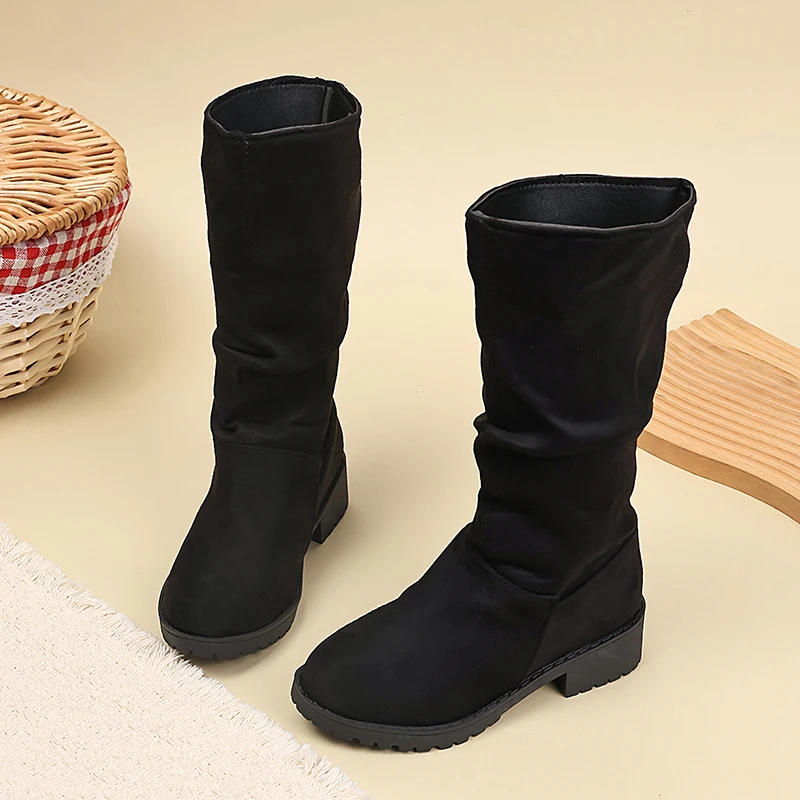 

Autumn Winter Kids Slouchy Suede Mid Calf Boots Low Block Heel Non-slip Soft Ankle Tall Boots Casual Fashion Footwear for Girls