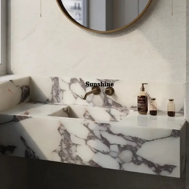 YFrench Style Freestanding Slate Luxury Stone Vanity Set:Wall-Hung Undermount Sink, Floating Bathroom Console&Hotel Grade Storag