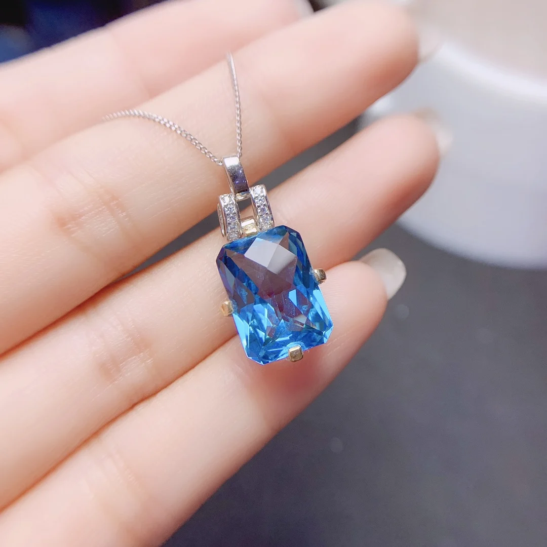 Natural blue Topaz jewelry 925 Silver jewelry 10x14mm Swiss blue Topaz jewel necklace Pendant for a girl's birthday party gift