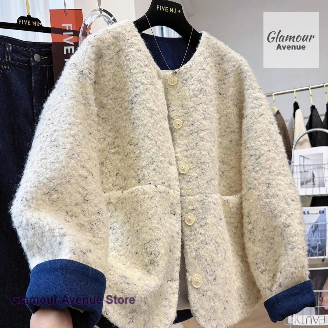 

Korean style thick round neck short woolen coat women's autumn and winter new fashion loose plus size super nice woolen jacket