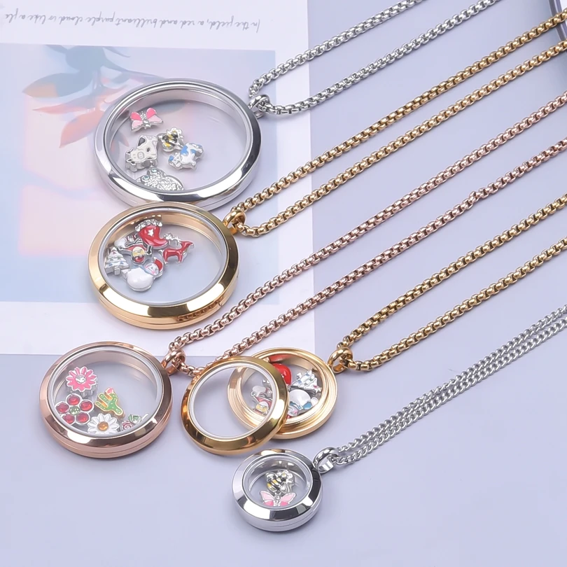 1Pc Stainless Steel 20-40mm Diy Women Glass Living Photo Locket Pendant Necklaces Clear Round Floating Relicario Collares Bulk