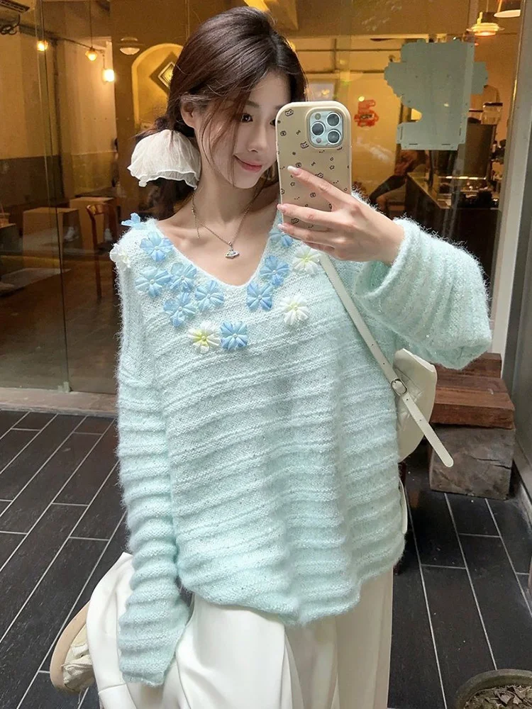 

Милые синие свитера с 3D цветочным принтом, женские свободные элегантные вязаные джемперы с ленивым ветром, повседневные модные женские корейские осенние пуловеры с v-образным вырезом
