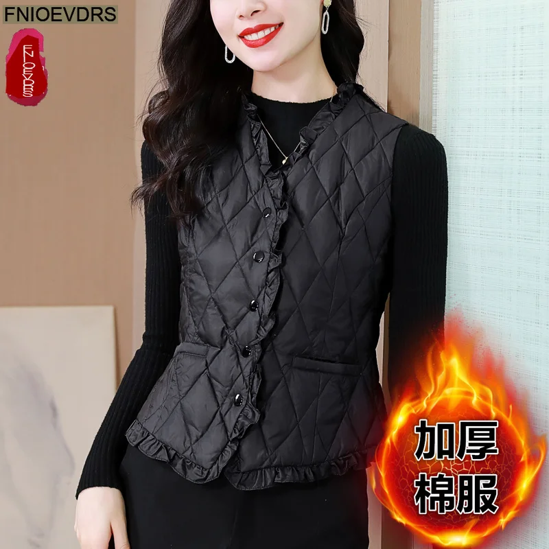 Gilet court chaud femmes manteaux vêtements de dessus d'hiver dame élégante épaissir nouveau quotidien hiver tout Match réservoirs haut volants sans manches Parkas