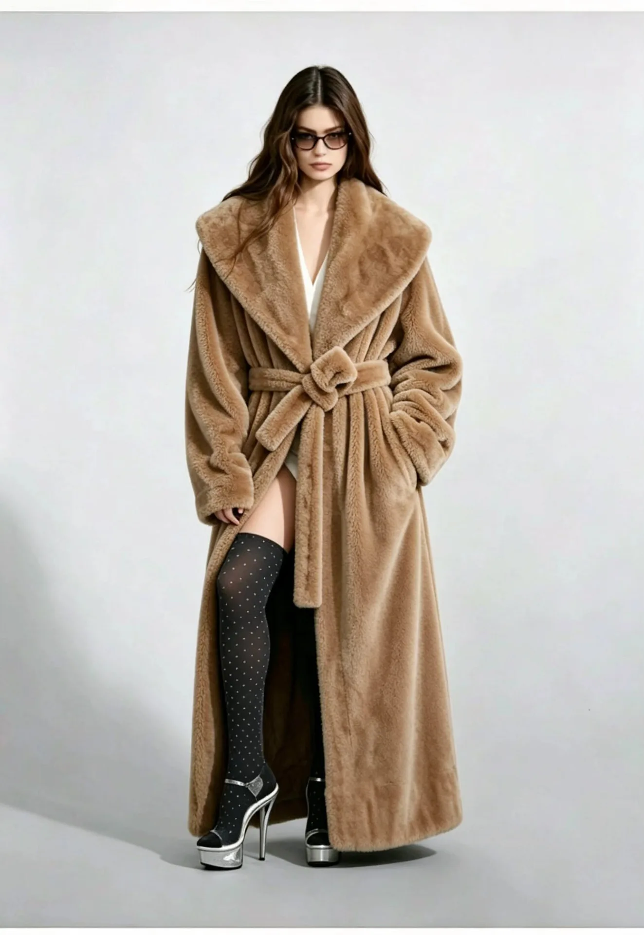 Long Coats Women Faux Fur Jackets Turn Down Collar Coat Thick Warm Y2k Streetwear Jacket Work Lace Up Tight Waist Autumn Winter