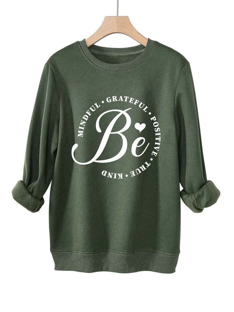 New winter cotton simple warm thick mindful grateful positive pattern letter printed long sleeve vintage round neck sweatshirt