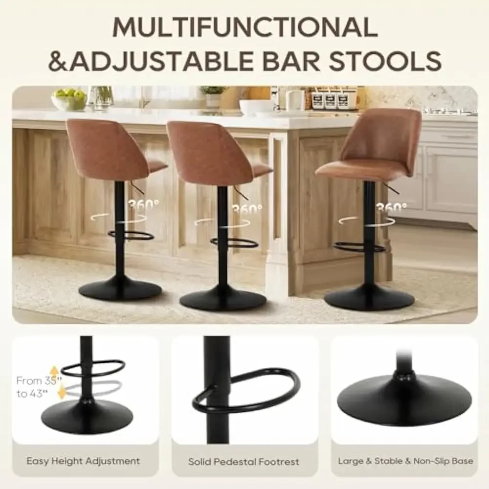 Juego de 4 taburetes de bar, sillas de bar giratorias modernas, taburetes de bar tapizados de cuero PU ajustables, altura de mostrador con respaldo completo