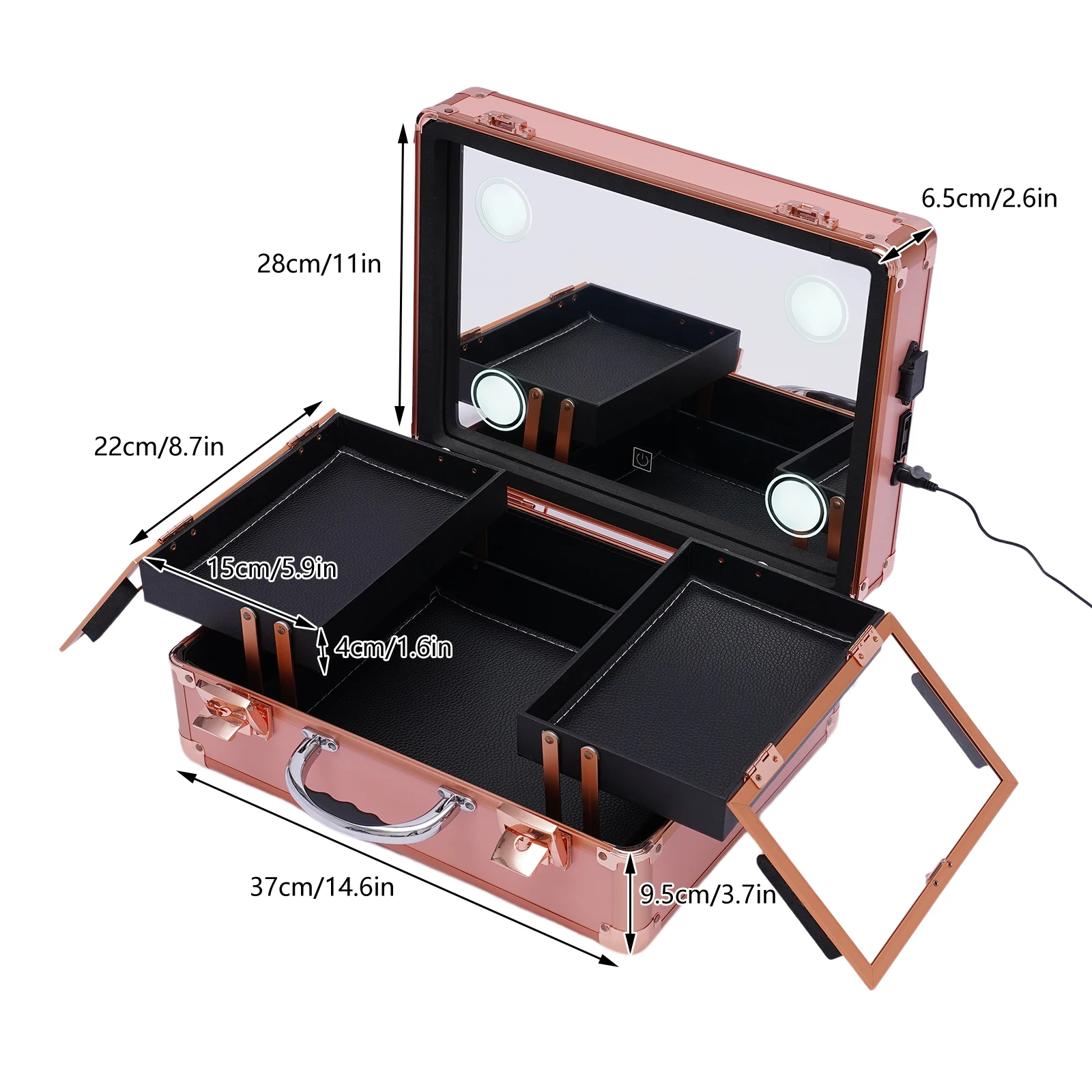 Champagne Gold Portable LED Makeup Train Case with Dimmable Lights and Mirror - Large Capacity Cosmetic Organizer