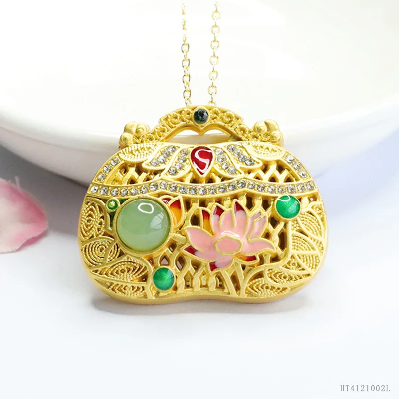 

Natural Green Hetian Jade Pendant Enamel Lotus Sachet Charm HT4121002L