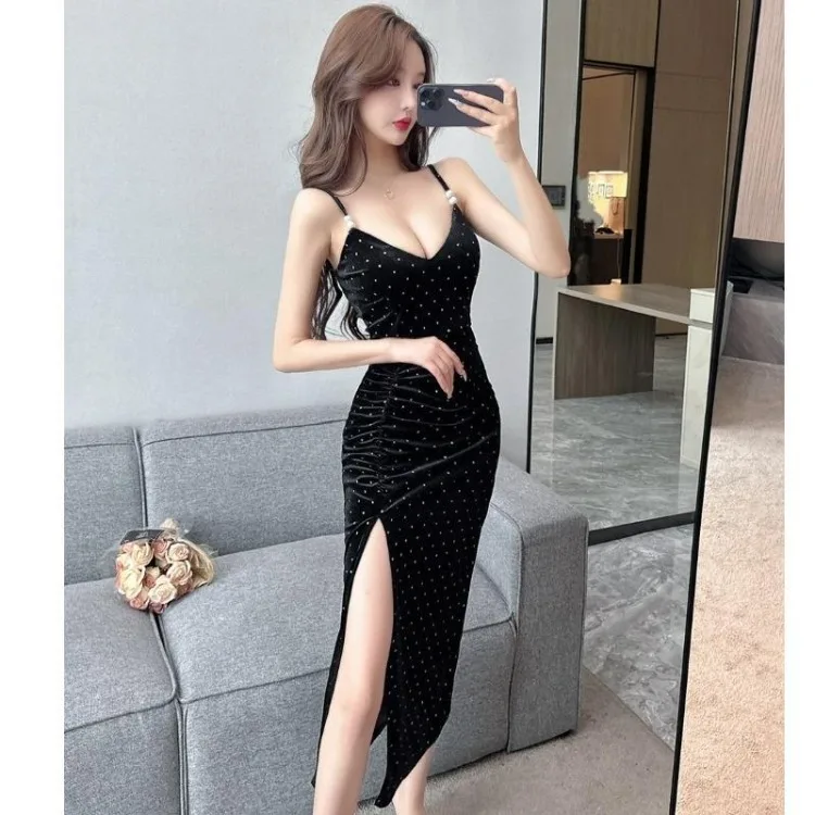 Korejepo Night Dress Night Shop Temperament Suspender Velvet Dresses Slim Sexy Split Dress Night Work Clothes Beautiful Vestido