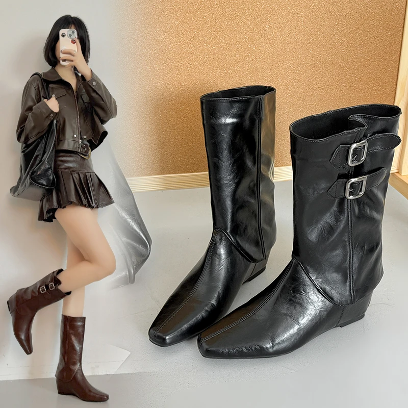 

Belt Buckle Inside Heightened Mid-Tube Boots Fashion Square Toe Sleeve Soft Slip Heel Shoes