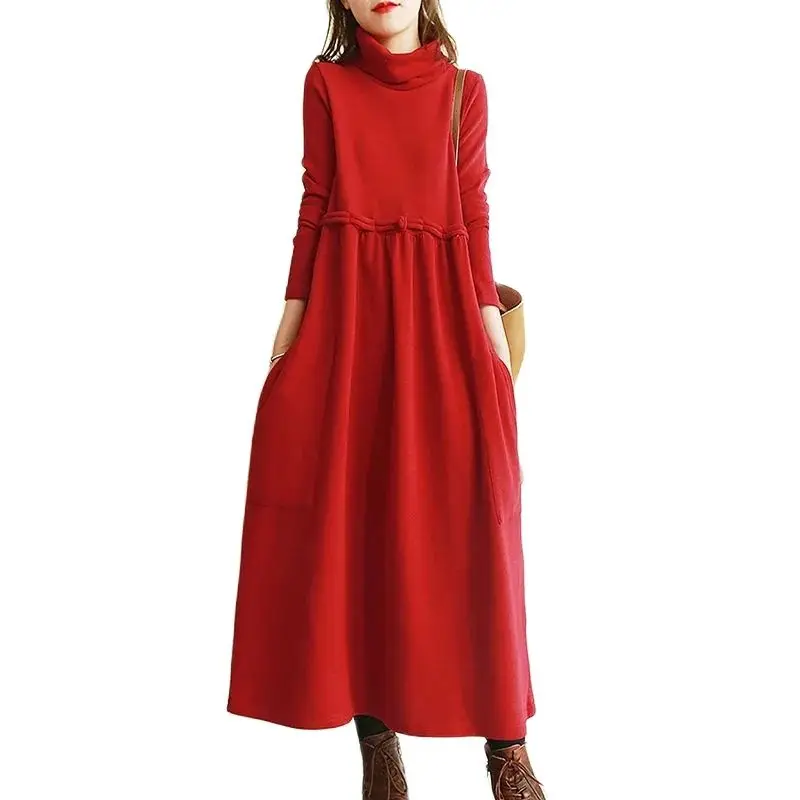 

Add Velvet Spring Autumn Winter Dress High Collar Bottoming Women's Dress Vintage Mid Length Over The Knee Warm Dresses Female