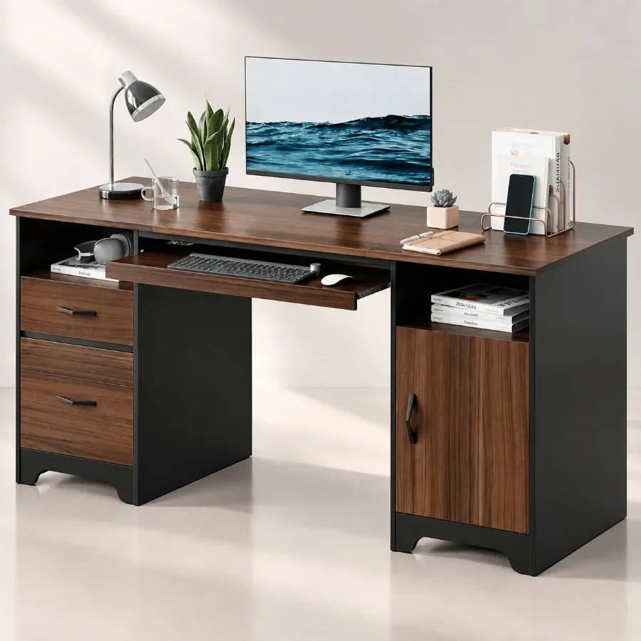 59 Office Desk with File Drawer, Keyboard Tray 2 Storage Drawers Cherry Finish, Modern Workspace Solution for Home or Professio