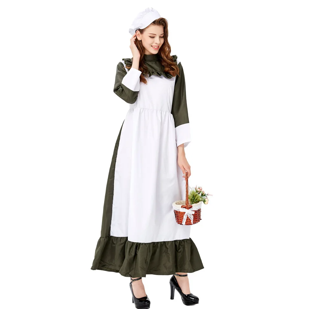 

Farm-style Dark Green Kitchen Maid Costume Female Servant Female Attendant Chef Dress Farm And Manor Stage Performance Costume.