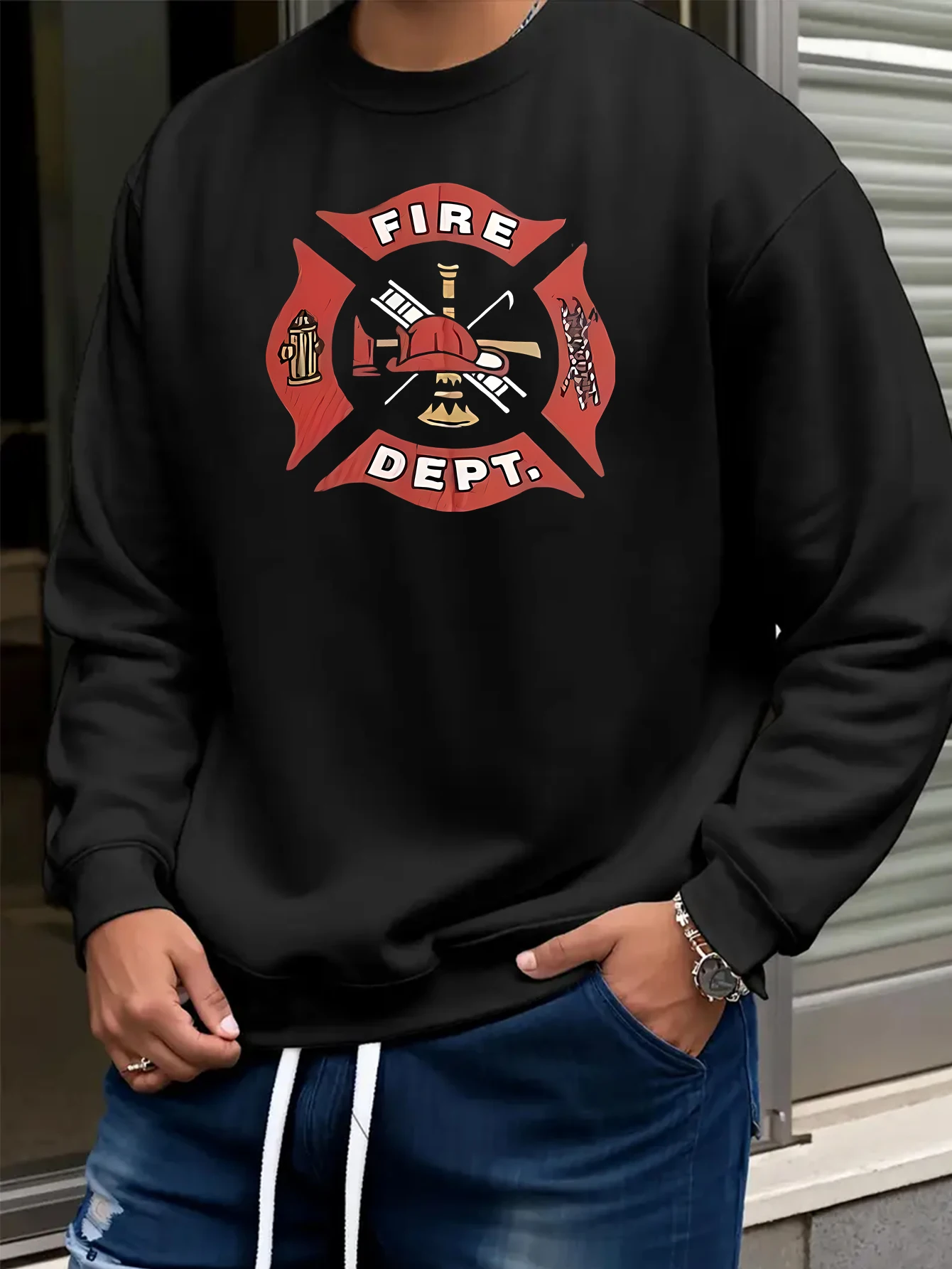 

Мужская толстовка с рисунком Fire Department — бежевый пуловер с круглым вырезом и эмблемой Fire Dept