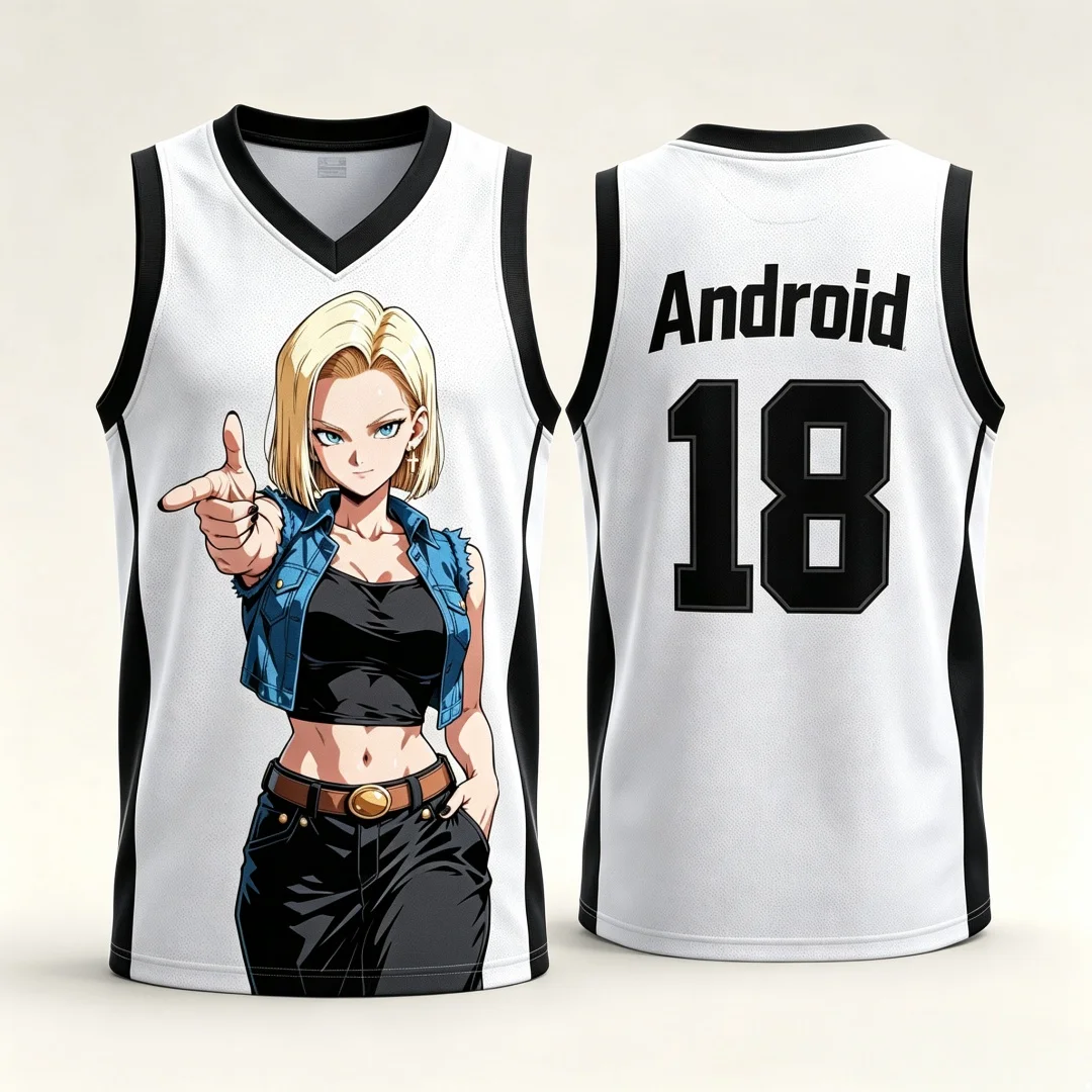 Dragon Ball Android 18 Basketball-Trikot für Damen, 3D-Druck, Sportweste, Weiß, Rosa, Anime, Streetwear, Tank-Top, passende Familien-Outfits – Detail 4