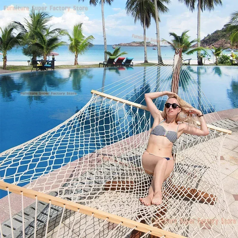 

Ins hammock with wooden sticks and tassels hand-woven cotton rope mesh mesh swimming pool beach swing hanging chair