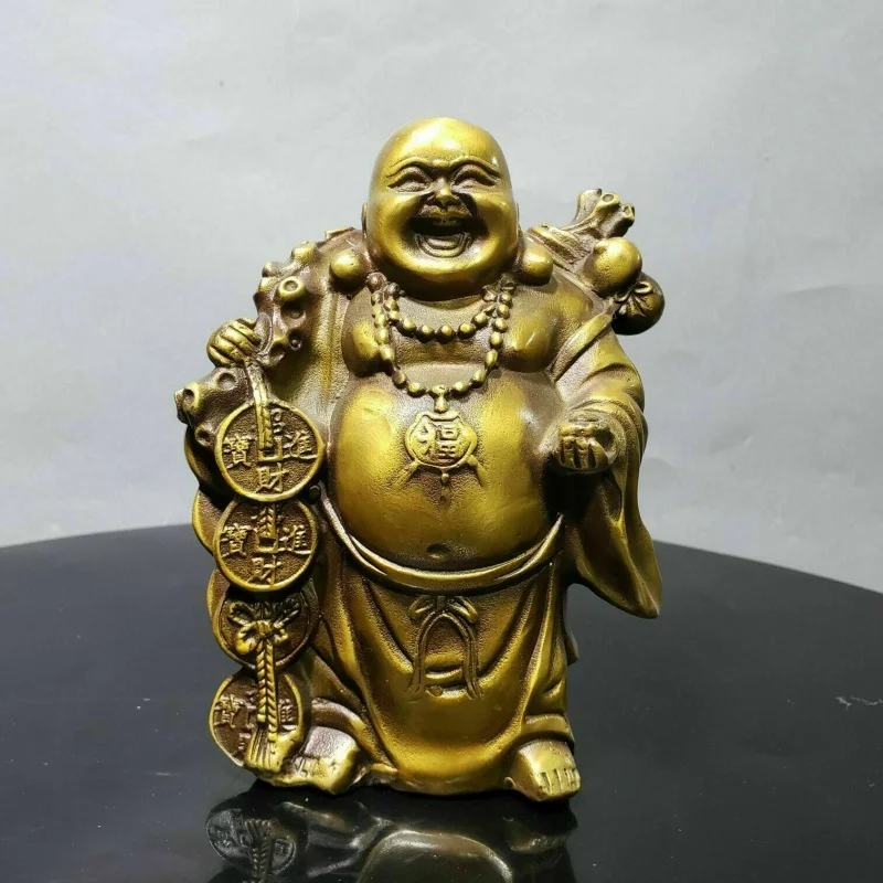 5.9inch Collect Chinese Bronze Buddhism Maitreya Buddha Money Wealth Statue