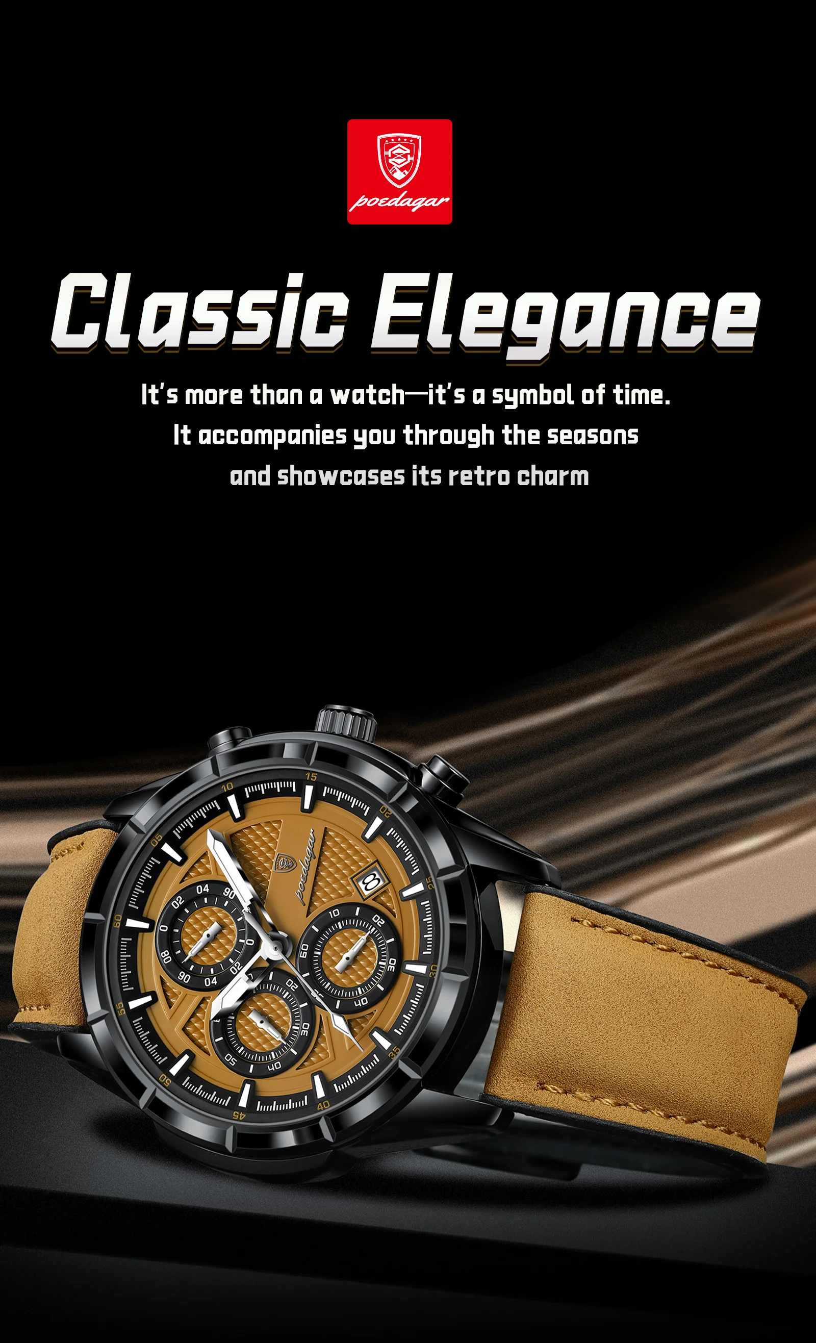 POEDAGAR Top Vintage Herren Armbanduhr Quarz Mode Leder Herrenuhren Datum Chronograph Wasserdicht Leuchtend Business Herrenuhr – Detail 12