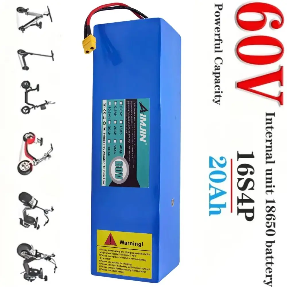 60V 20000mAh 2000W Lithium-Ion Battery Pack 16S4P Built-In 50A BMS+Charger for Electric Vehicles