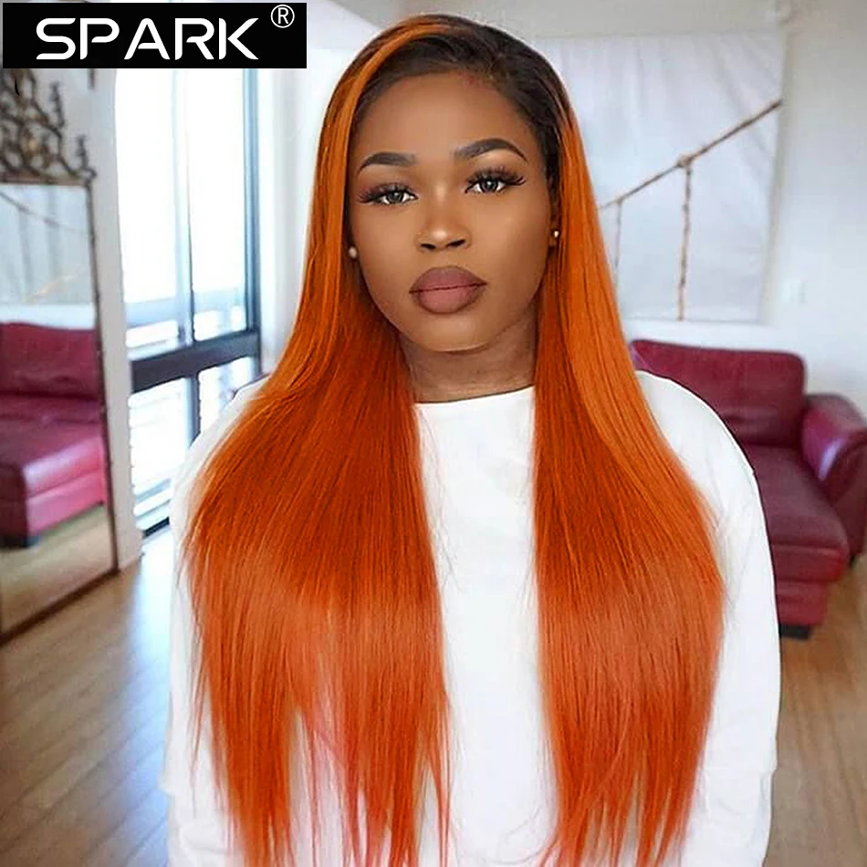 32 30 28 Inch Ombre 1B/Orange Ginger 13x4 Lace Frontal Wigs Human Hair Wigs Pre Plucked 1B/350 Colored Human Hair Wigs For Women