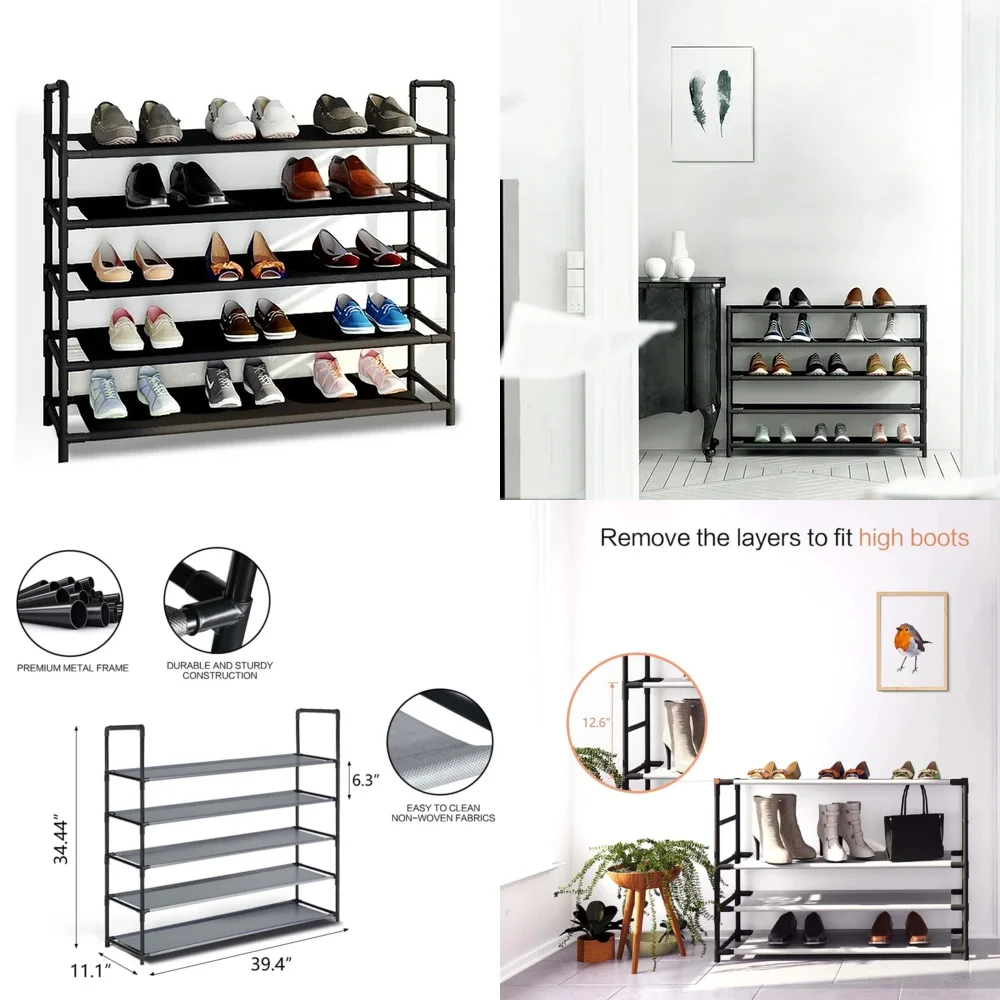 

Shoe Rack 5 Tier Extra Large Shoe Organizer for 25 Pairs Adjustable Storage Rack Black Space Saving Footwear Shelf Closet
