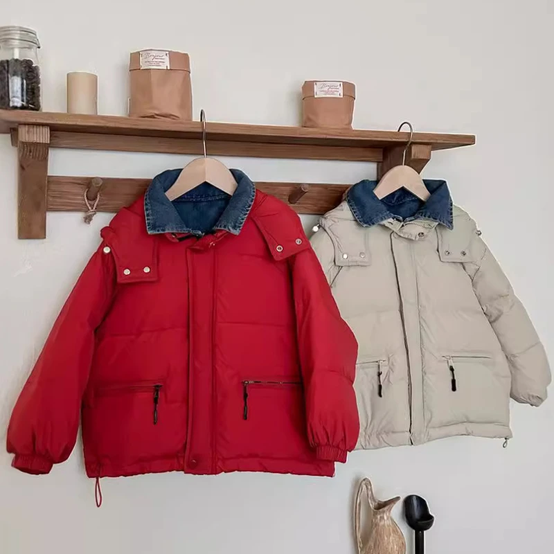 Children Down Jacket 2024 Winter Casual Denim Patchwork False Two-Piece Design Thick Warm Coat Boys Girls White Duck Down Parkas