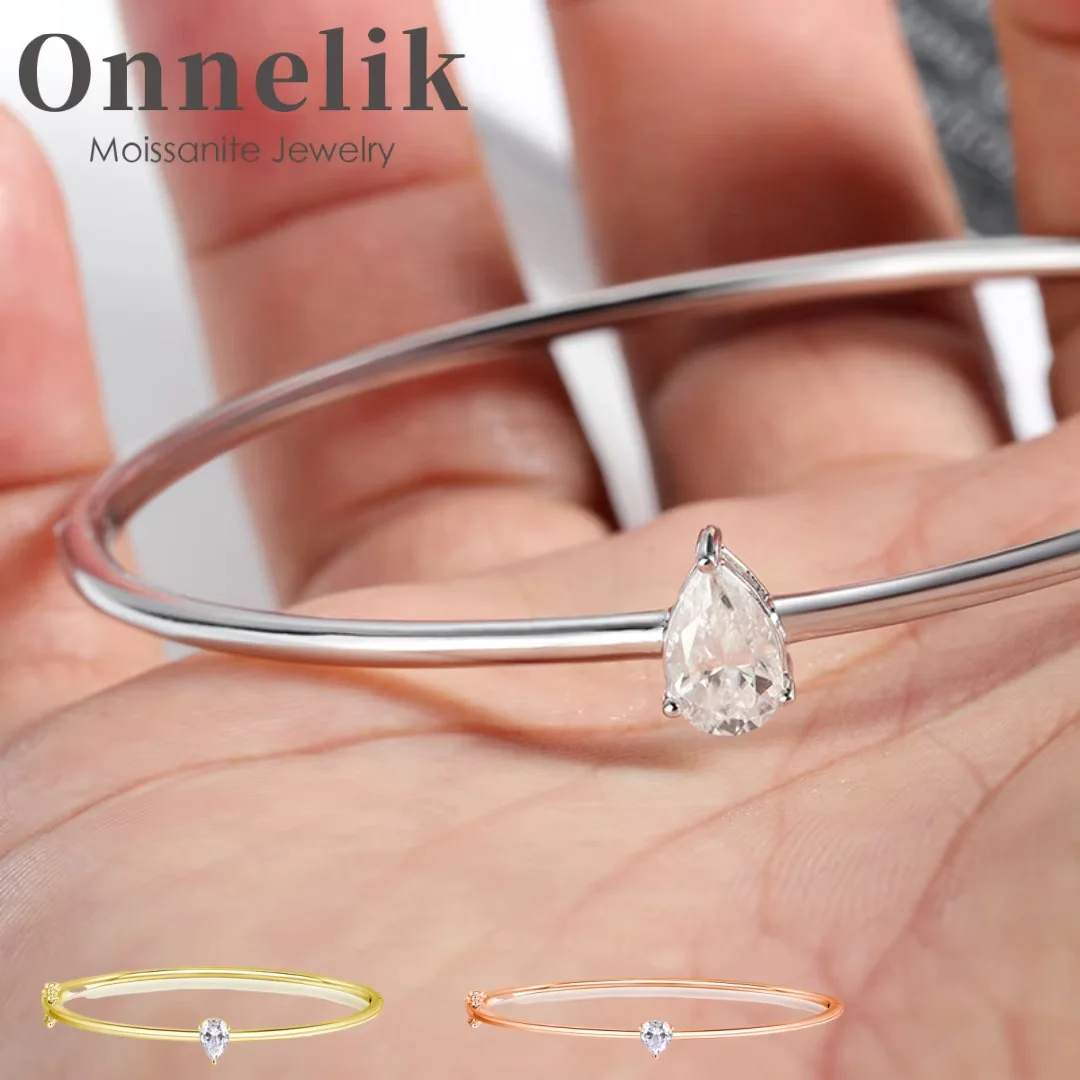 Onnelik 1CT Pear Cut Moissanite Solitaire Bangle S925 Sterling Silver Lab Diamond Fine Wedding Jewelry Gift for Her