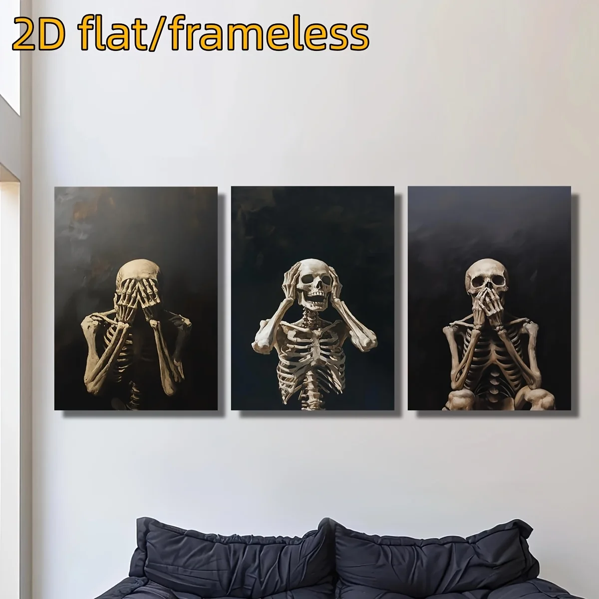3 Pieces of Skeleton Posture Creative Canvas Posters, Shy, Fearful, Skull Art, Suitable for Home Wall Decoration 2D Flat Printin