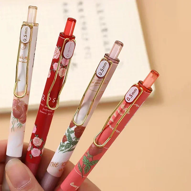 4pcs 0.5mm Black Ink Gel Pens Vintage Roses Signature Pens Korean Stationery Students Gifts School Office Writing Supplies