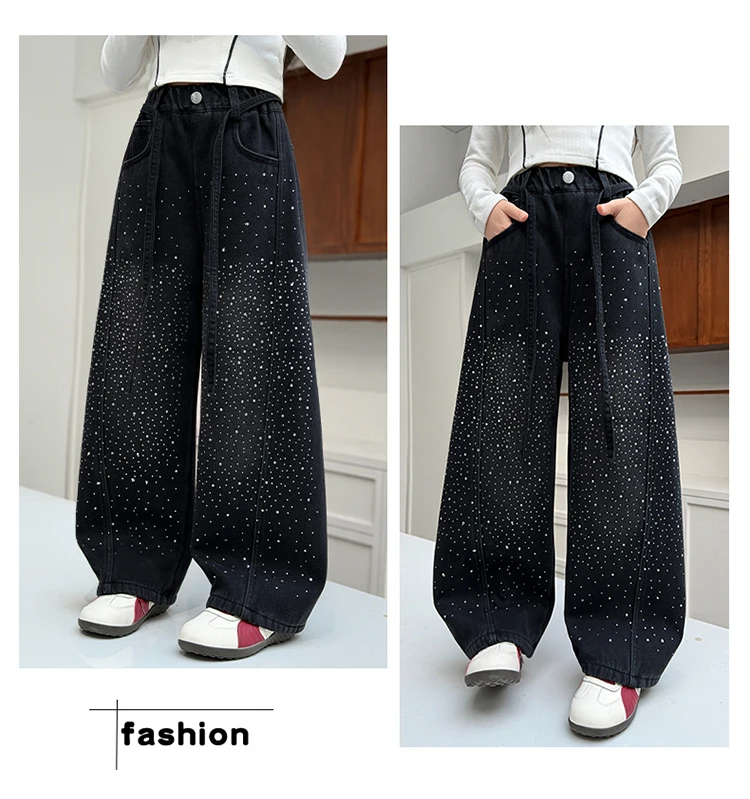 Kinder Mädchen Herbst Schwarze Jeans mit Kristallen, Teenager Kinder Strass Lose Weite Denim-Hosen, Modische Gebogene Messerhosen – Detail 6