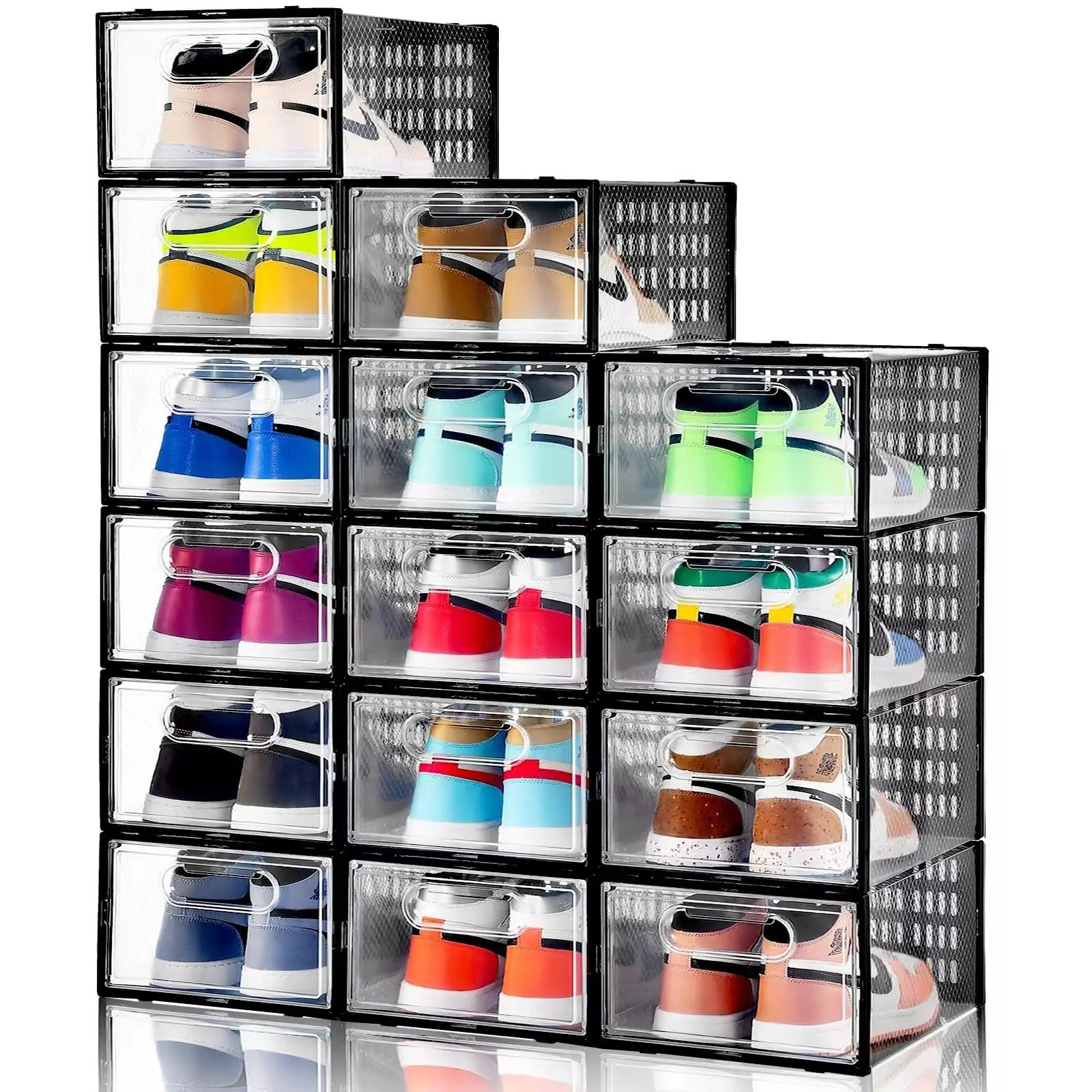 

15 Freely Stackable Shoe Boxes, Magnetic Doors and Ventilated Backboards, a Space-saving Shoe Organizer Suitable for Storage und