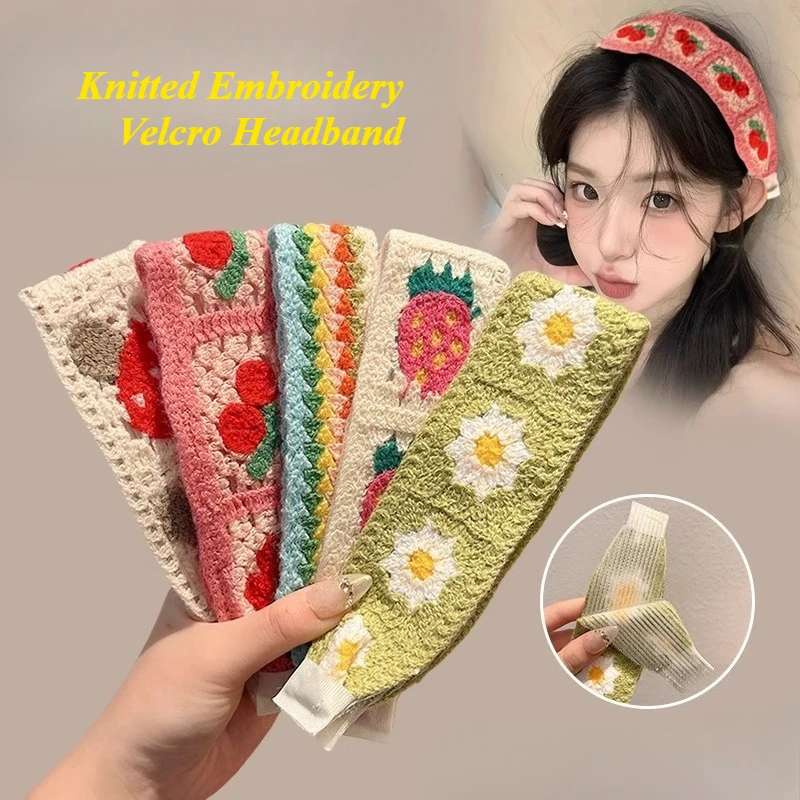 

DS Knitted Embroidery Velcro Headband Sweet Floral Knitted Headband Wash Face Makeup Hair Bands Hair Accessories for Women Girls