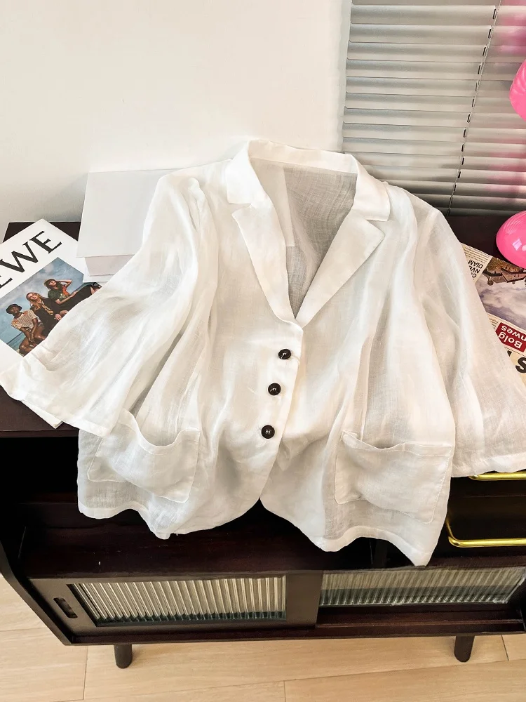 

Women's Cotton Linen Suit Jaet Summer Thin Retro Loose Slimming ort Coat Button Design Casual Busin Sle Pure Color