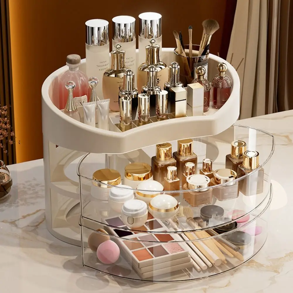 

Просторный органайзер для макияжа большой емкости 360° ° Вращающийся ящик для хранения на столешнице Пыленепроницаемая косметическая витрина